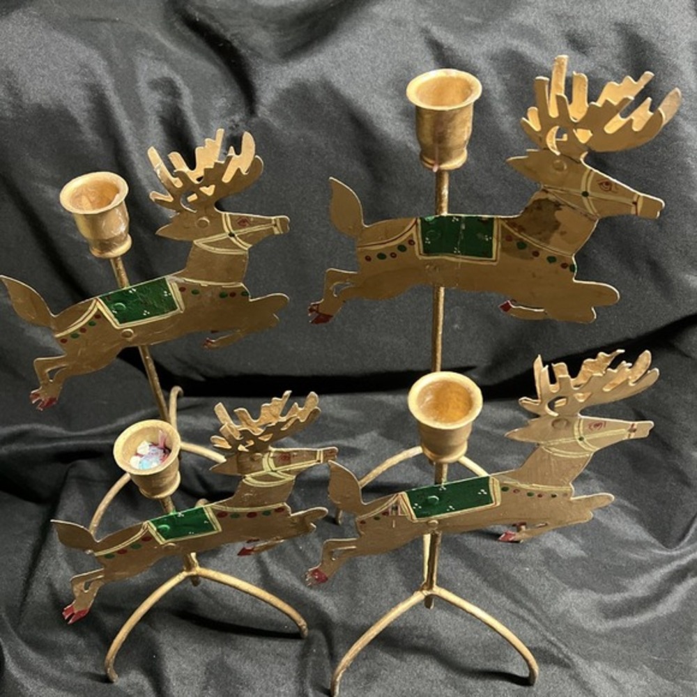4 Vintage‎ Hand Painted 10.5"-15.5" Tall Metal Reindeer Candle Stick Holders